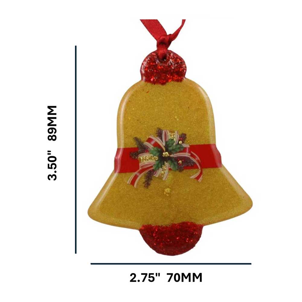 Gold Christmas bell with red accents and bow  on a white background with measurements | Lilylin Designs