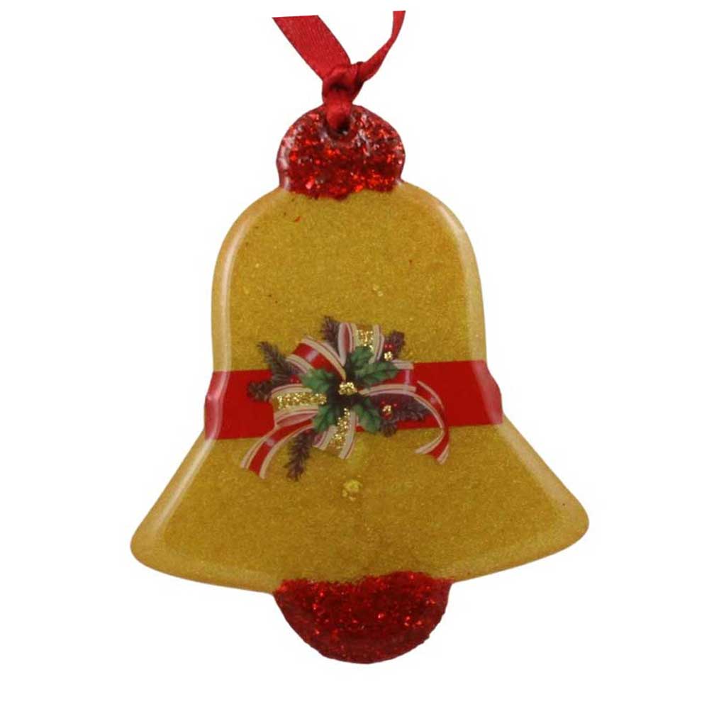 Gold Christmas bell with red accents and bow  on a white background | Lilylin Designs