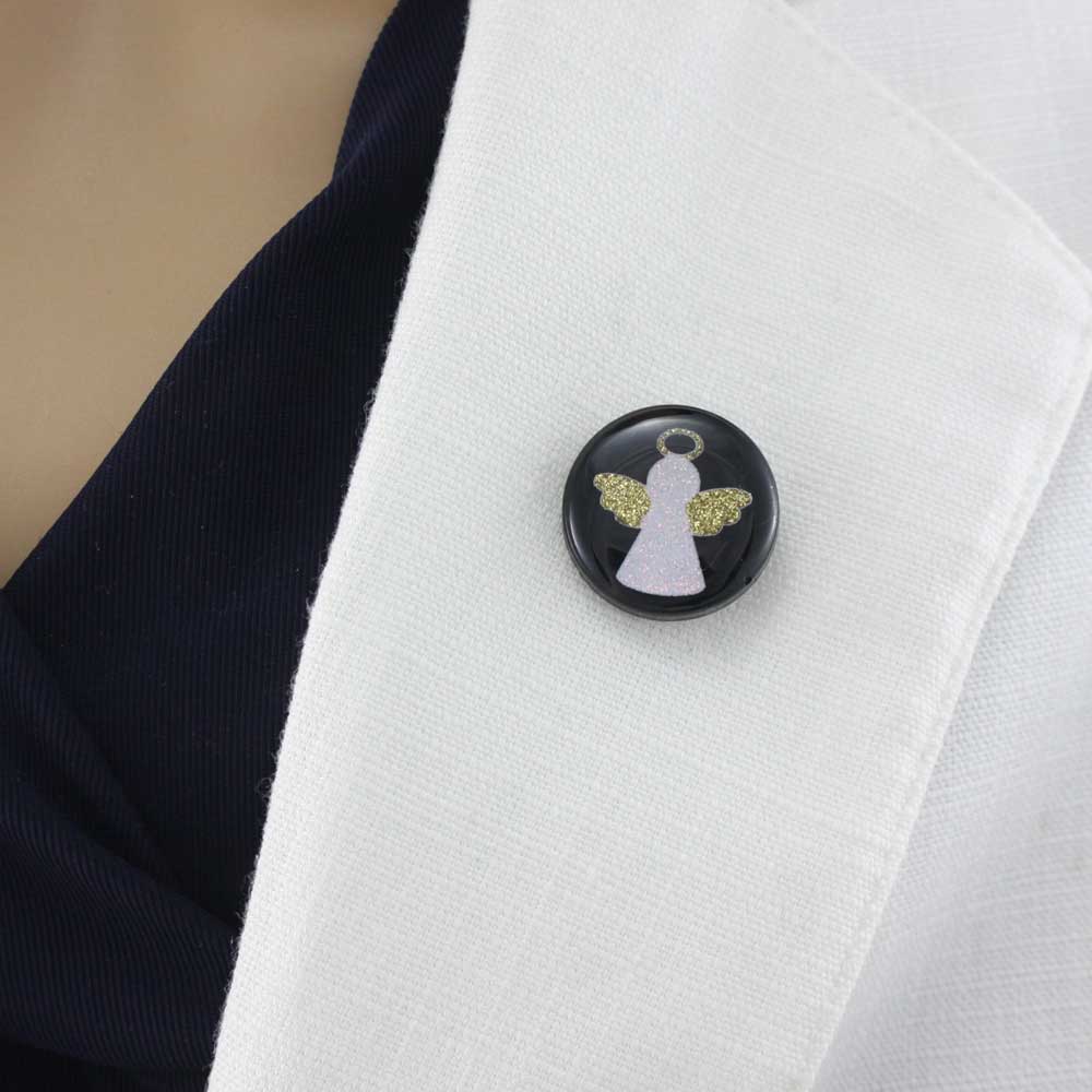 Angel Lapel Tac Pin on White Jacket - Lilylin Designs