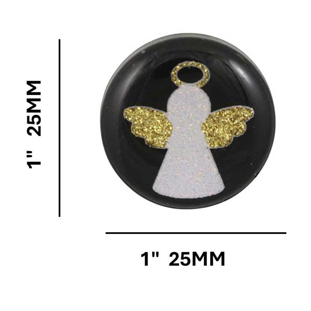 Black disc with a white angel with gold wings on a white background with measurements - Lilylin Designs