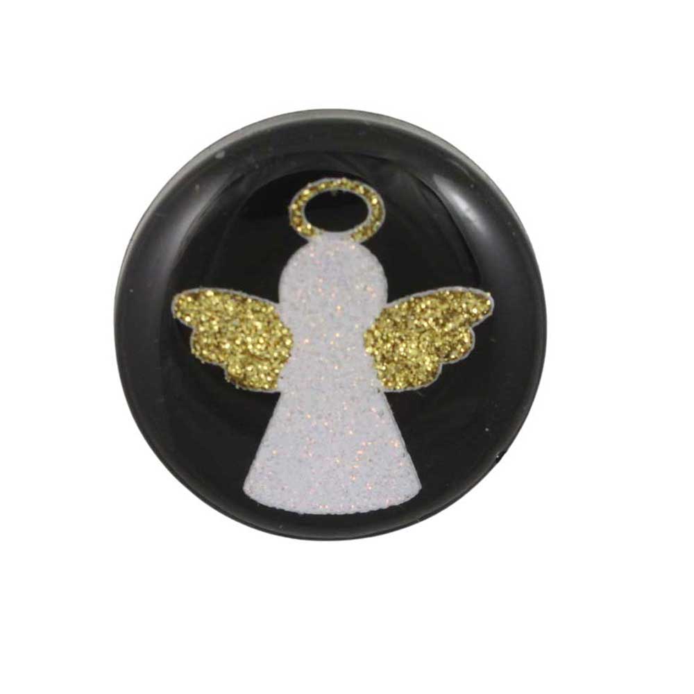 Black disc with a white angel with gold wings on a white background - Lilylin Designs