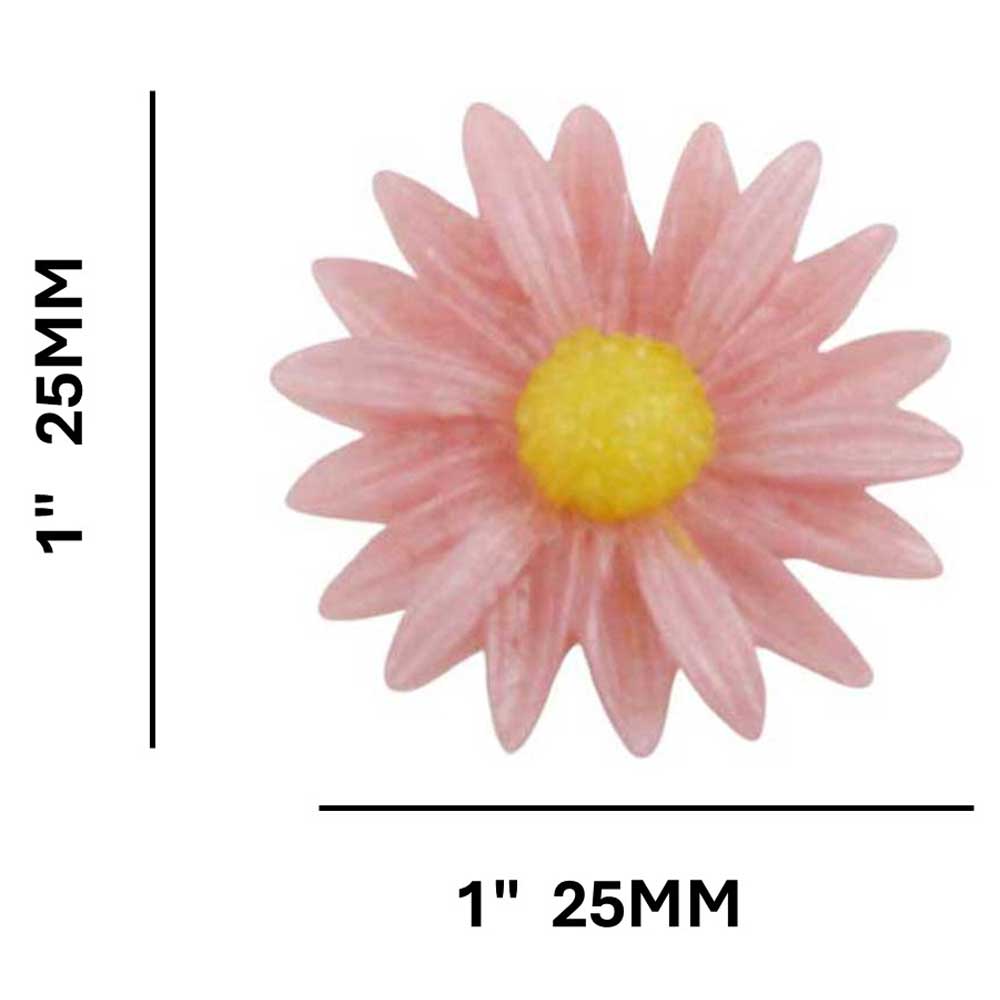 Pink daisy flower with yellow center, labeled with dimensions - Lilylin Designs