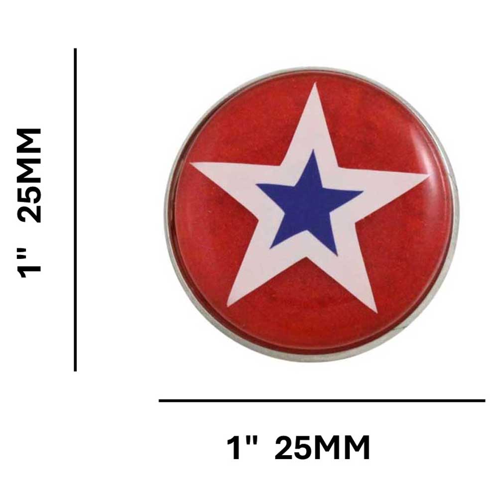 Round red with white and blue stars patriotic lapel pin with measurements - Lilylin Designs