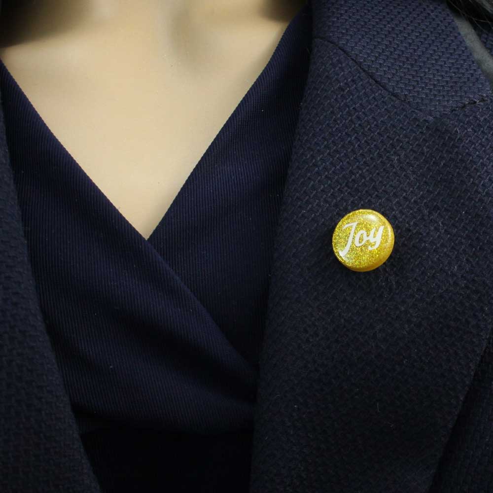 Small Gold Disc with White Joy Lapel Pin - Lilylin Designs