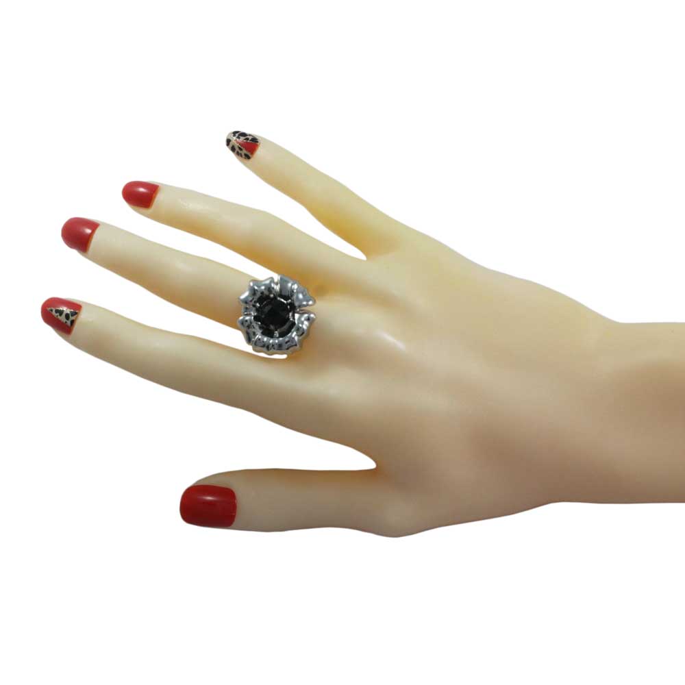 Silver Flower with Black Bead Adjustable Ring - RF307 - Lilylin Designs