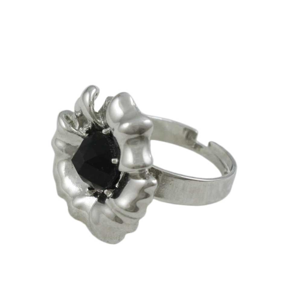 Silver Flower with Black Bead Adjustable Ring - RF307 - Lilylin Designs