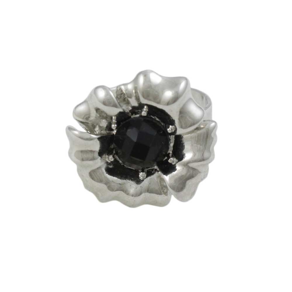 Silver Flower with Black Bead Adjustable Ring - RF307 - Lilylin Designs