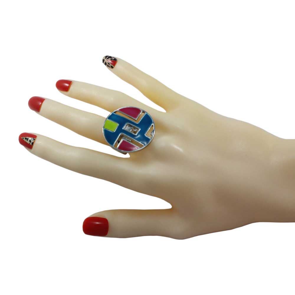 Blue, Pink and Green Geometric Design Adjustable Ring - RF315 - Lilylin Designs