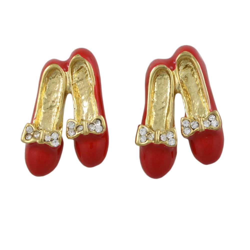 Red Pair of Tap Shoes with Crystal Bow Pierced Earring - RFP250BE - Lilylin Designs