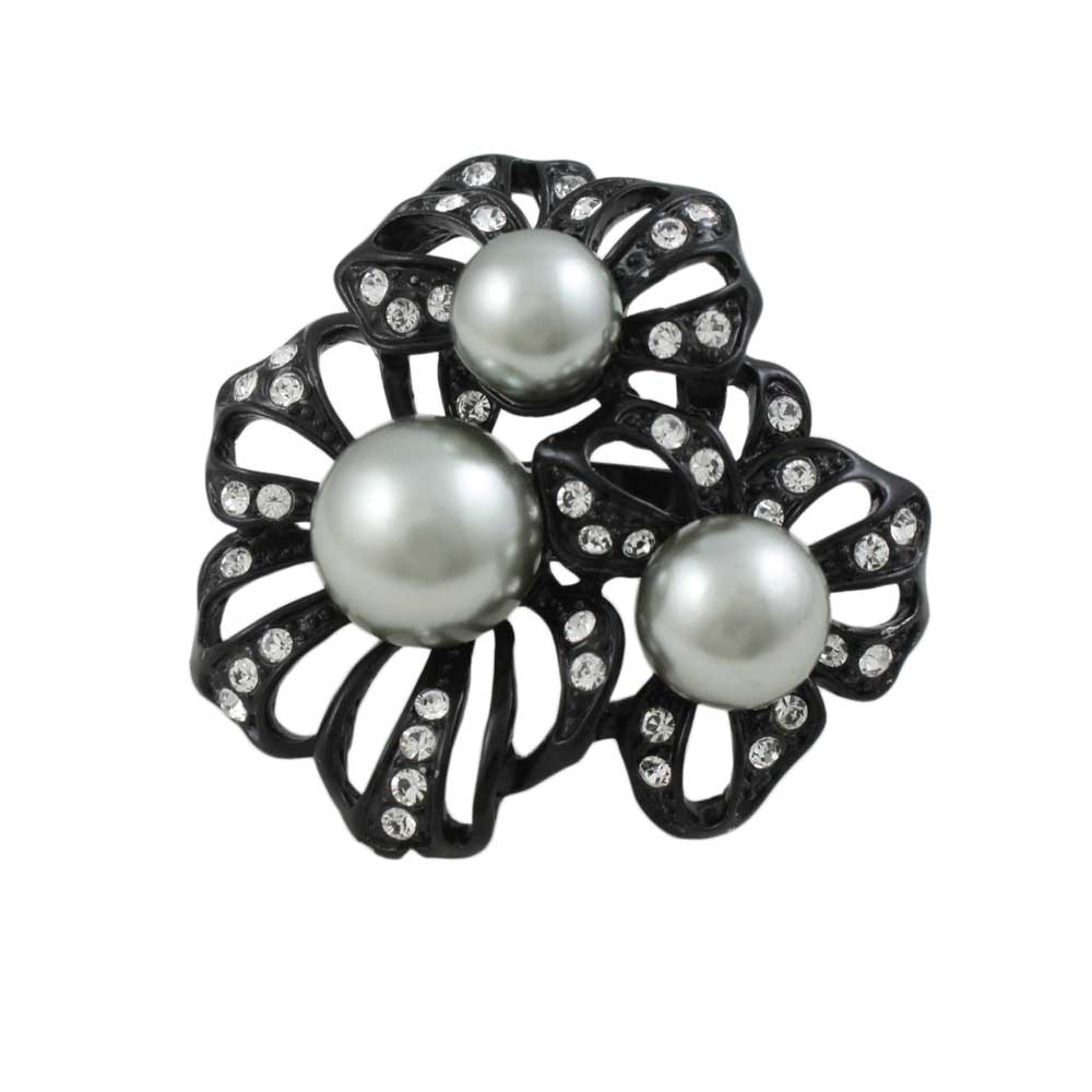 Black Enamel Flower with Gray Pearls Adjustable Ring - RP309 - Lilylin Designs