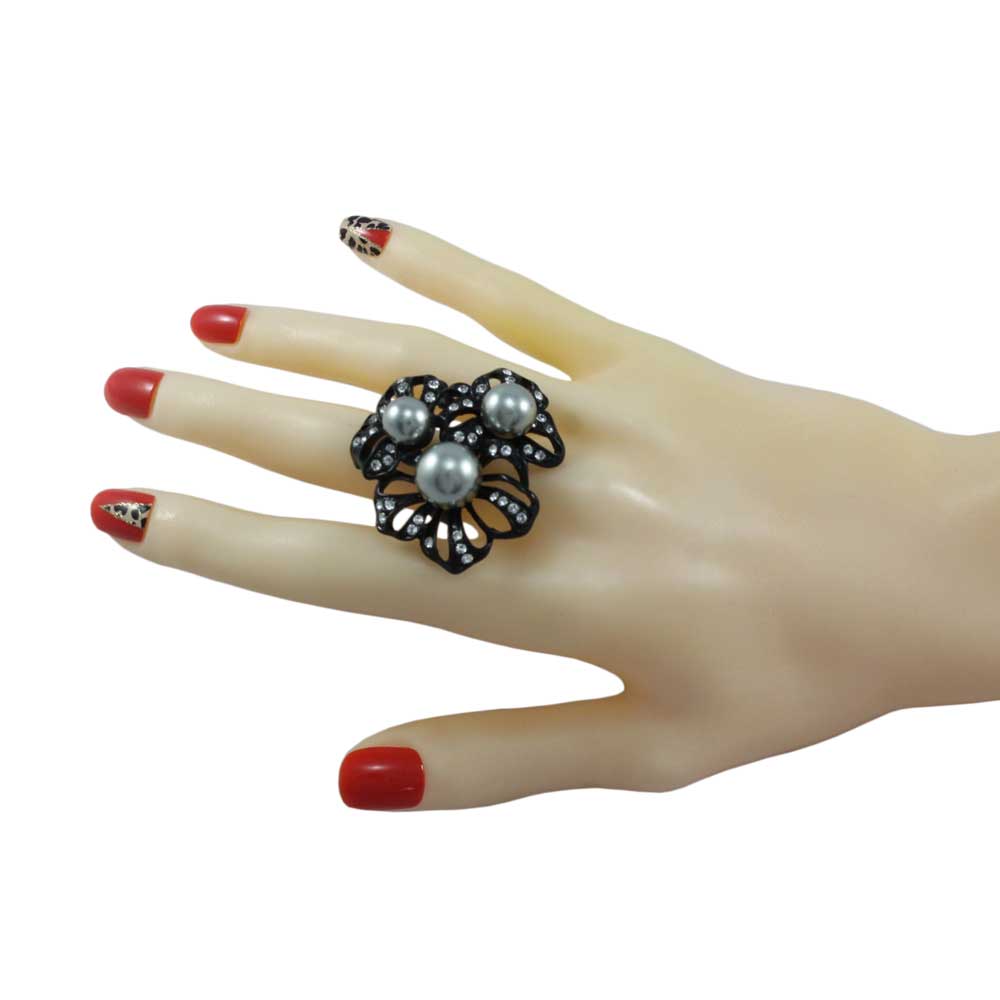 Black Enamel Flower with Gray Pearls Adjustable Ring - RP309 - Lilylin Designs
