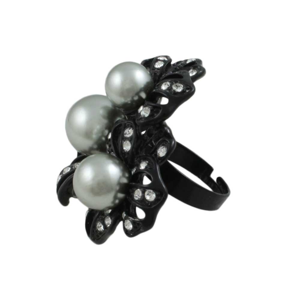 Black Enamel Flower with Gray Pearls Adjustable Ring - RP309 - Lilylin Designs