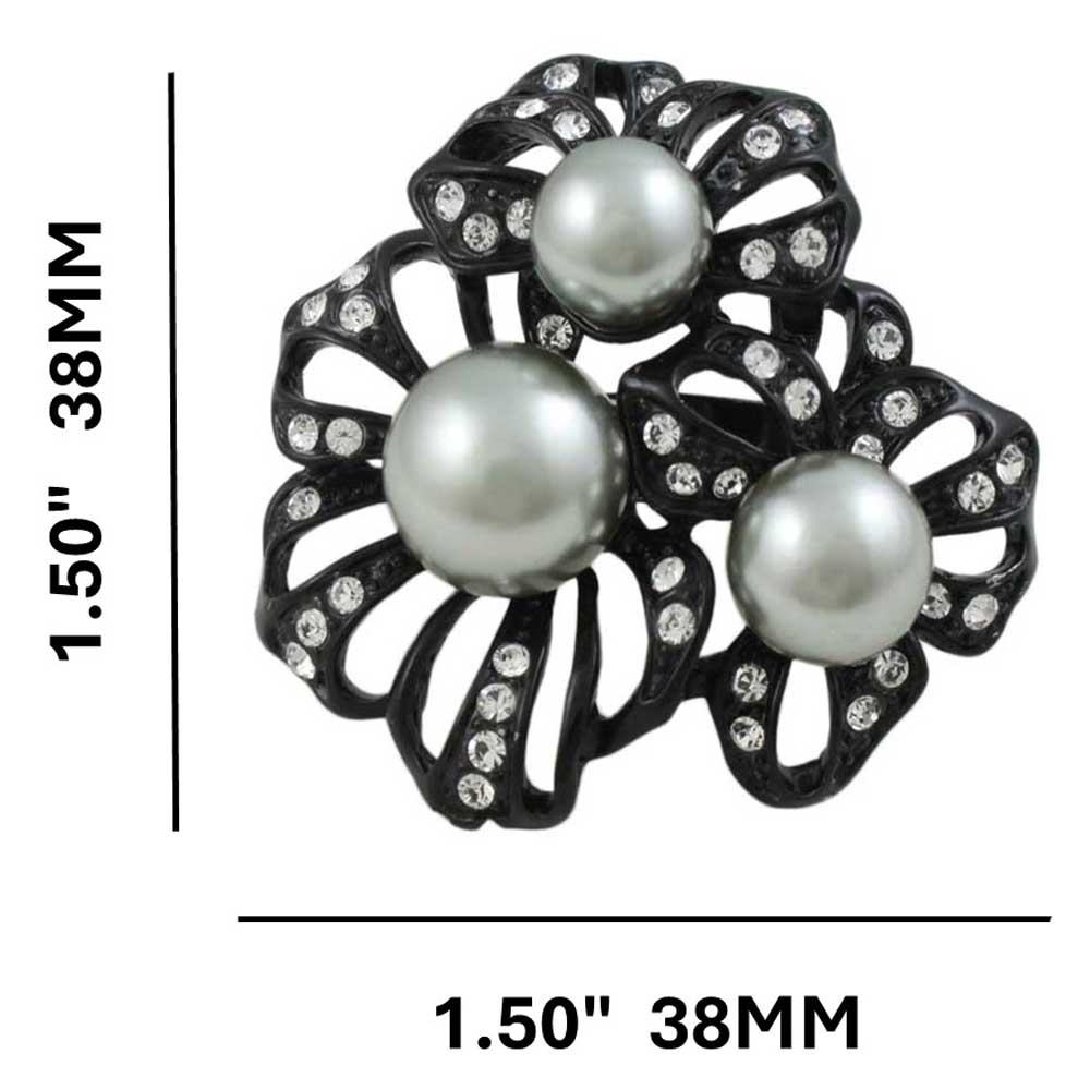 Black Enamel Flower with Gray Pearls Adjustable Ring - RP309 - Lilylin Designs