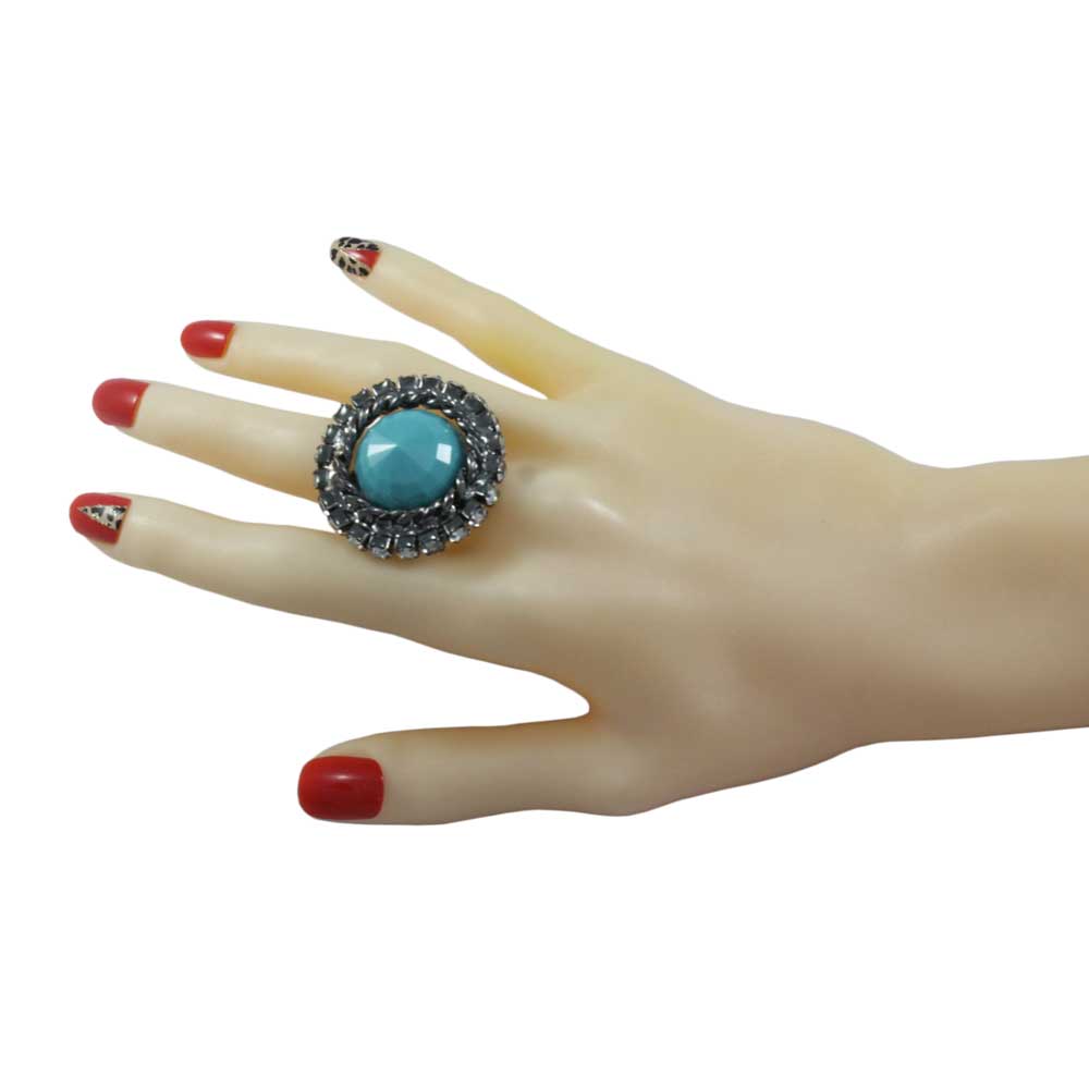 Round Blue Stone with Crystals Adjustable Ring - RS313 - Lilylin Designs