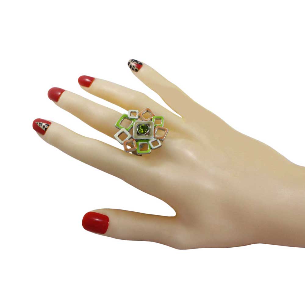 Peach Green and White Open Squares Adjustable Ring - RS338 - Lilylin Designs