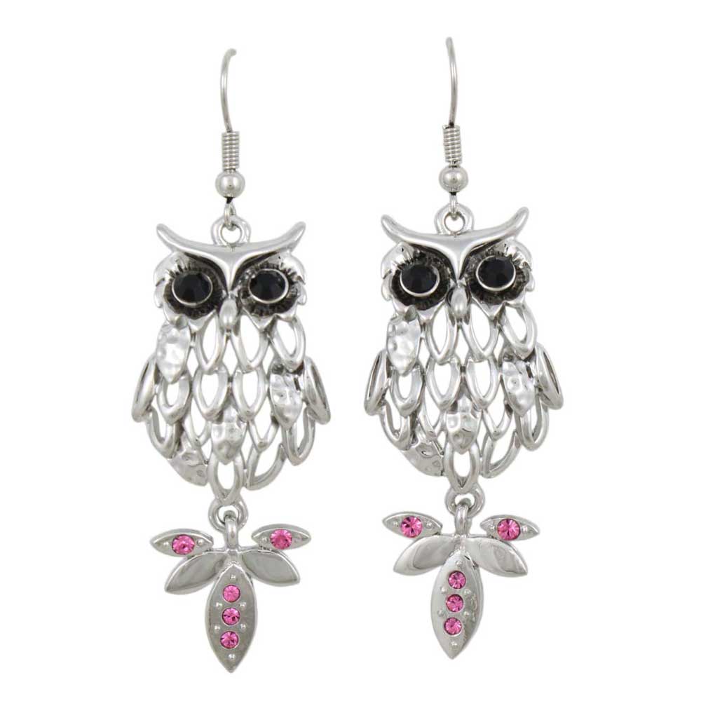 Silver Owl with Large Black Eyes Dangling Earring - RSN271E - Lilylin Designs