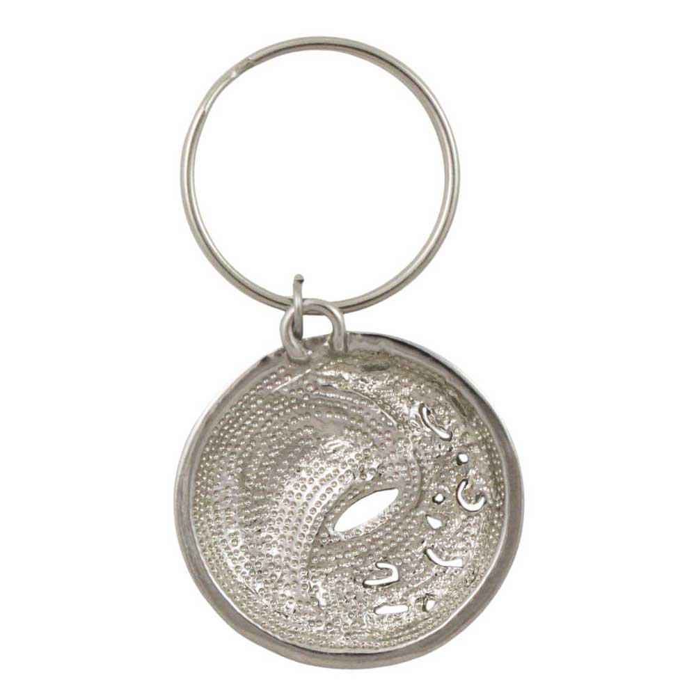 Silver keychain with a textured circular design on a white background - Lilylin Designs