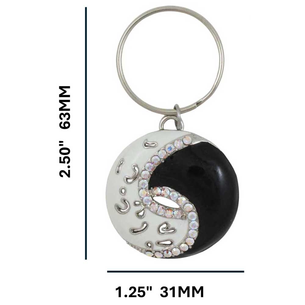 Yin yang symbol keychain with sparkling crystals on a white background with measurements - Lilylin Designs
