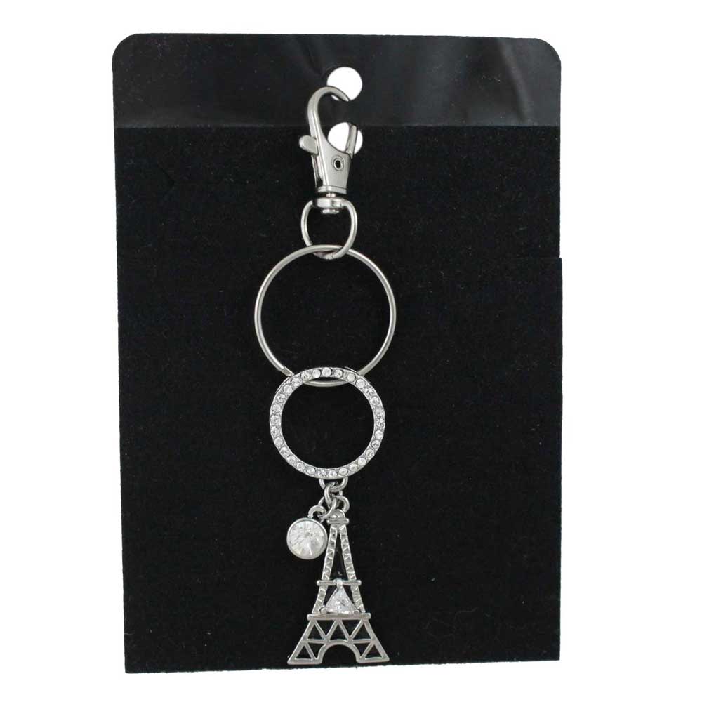Black Crystal Eiffel Tower Keychain on a black card - Lilylin Designs