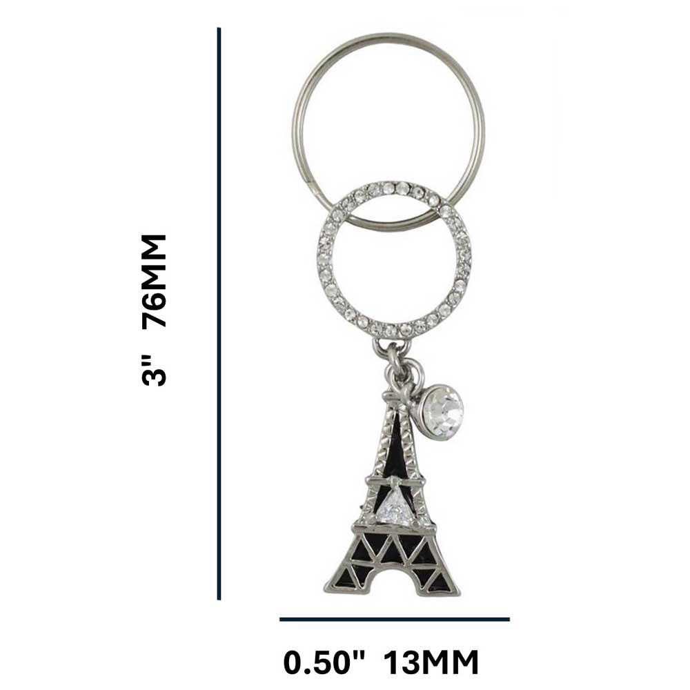 Black Crystal Eiffel Tower Keychain on a white background with measurements - Lilylin Designs