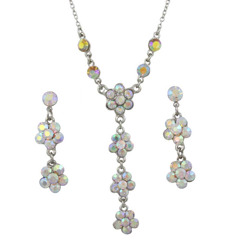 Aurora Borealis Crystal Daisies Y Necklace and Earring Boxed Gift Set - RSN328BS - Lilylin Designs