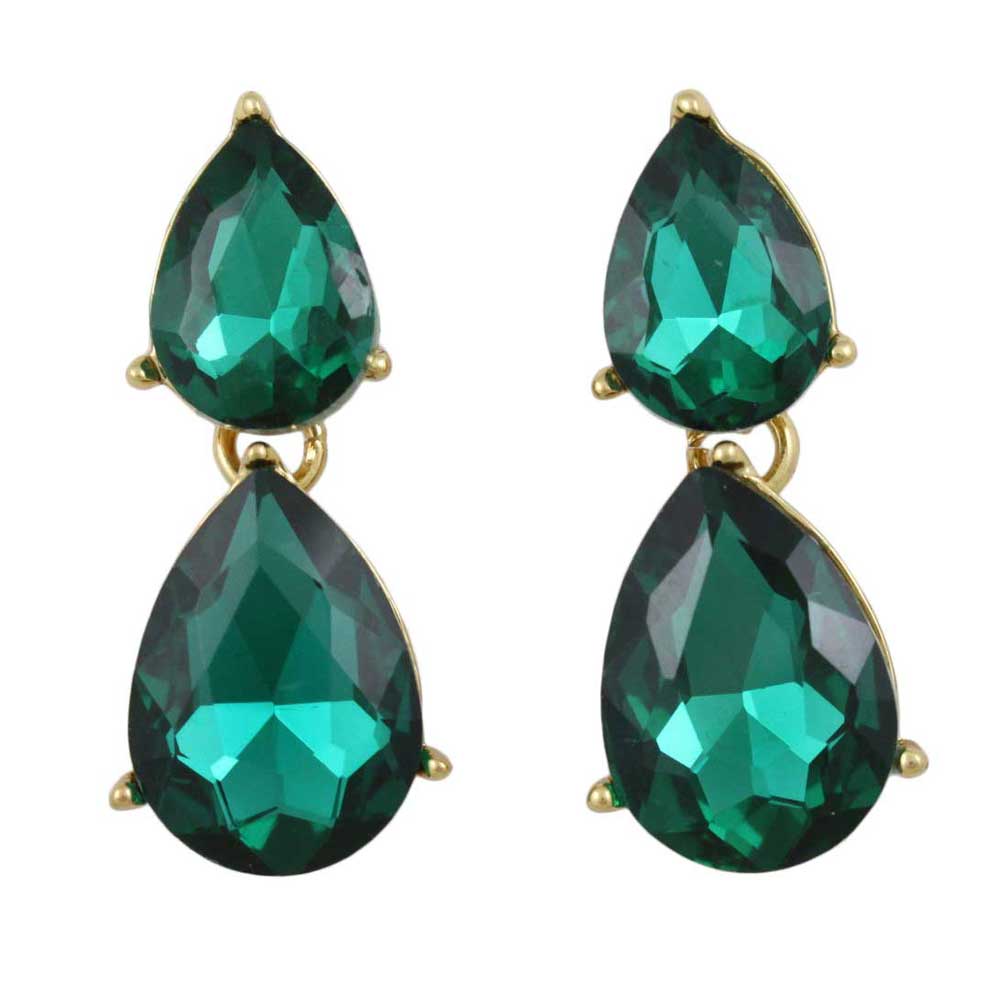 Dark Green Double Teardrops Dangling Pierced Earring - RSN526E - Lilylin Designs