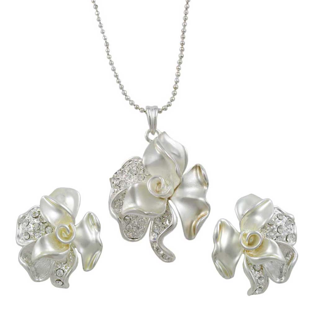 Frosted Crystal Rose Necklace and Pierced Earring Set - RSN619BS - Lilylin Designs