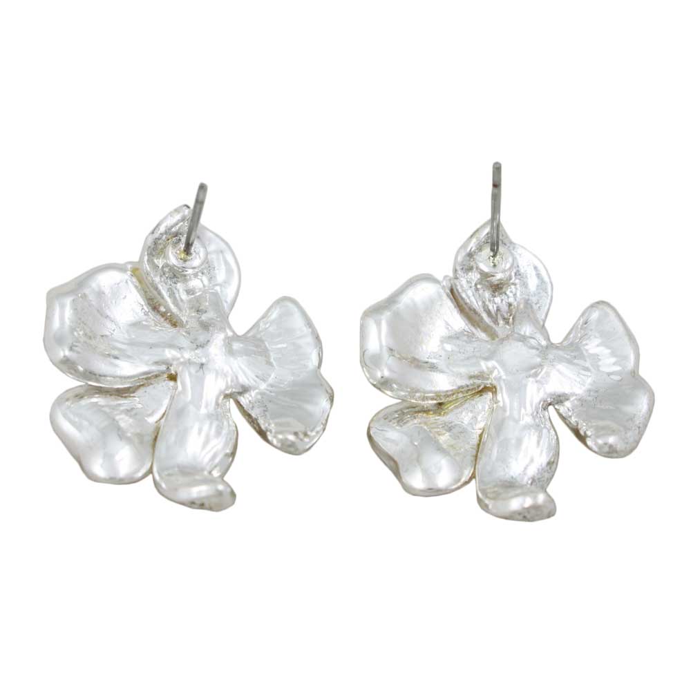 Frosted Silver - tone and Crystal Rose Pierced Earring - RSN619E - Lilylin Designs
