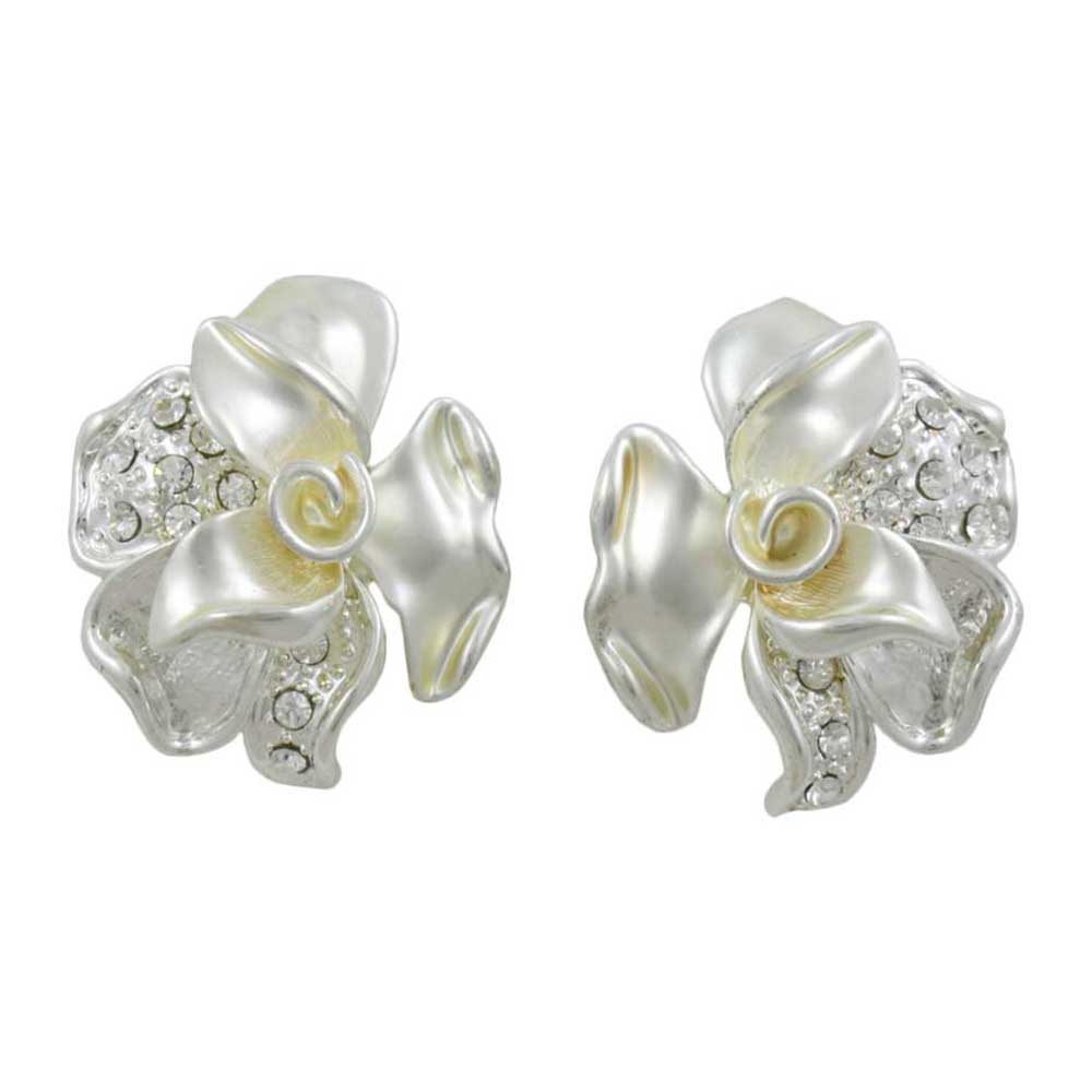 Frosted Silver - tone and Crystal Rose Clip On Earring - RSN619EC - Lilylin Designs