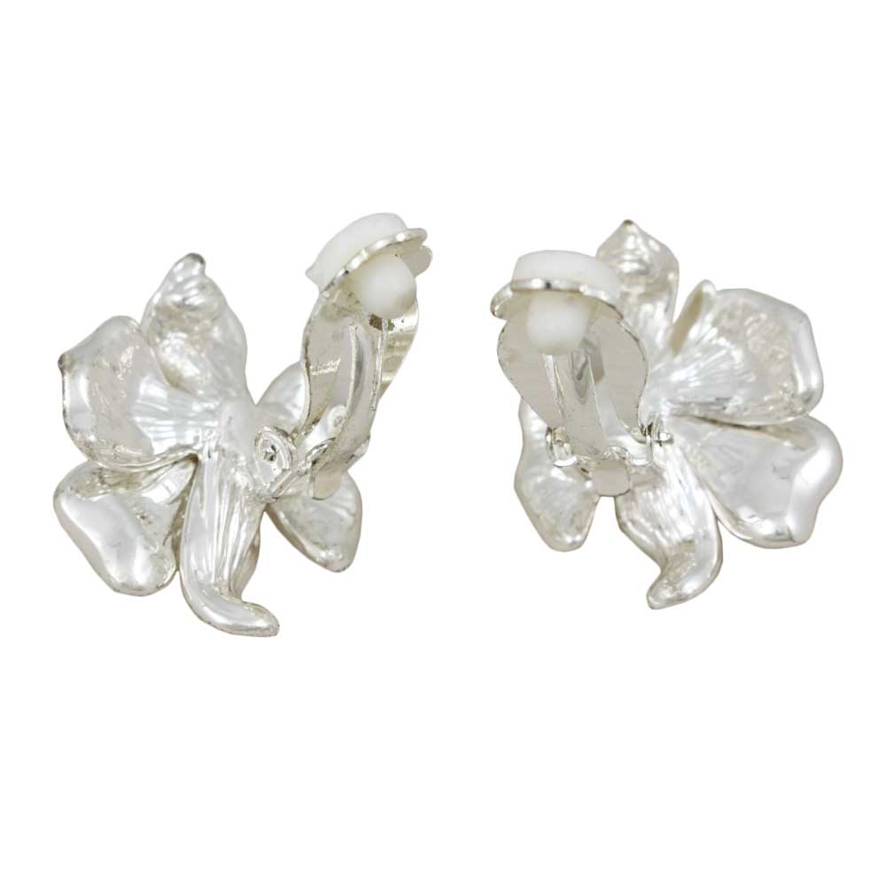 Frosted Silver - tone and Crystal Rose Clip On Earring - RSN619EC - Lilylin Designs