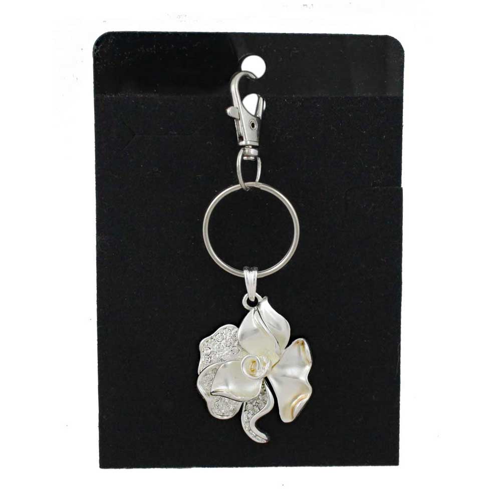 Silver keychain with rose on a black card - Lilylin Designs