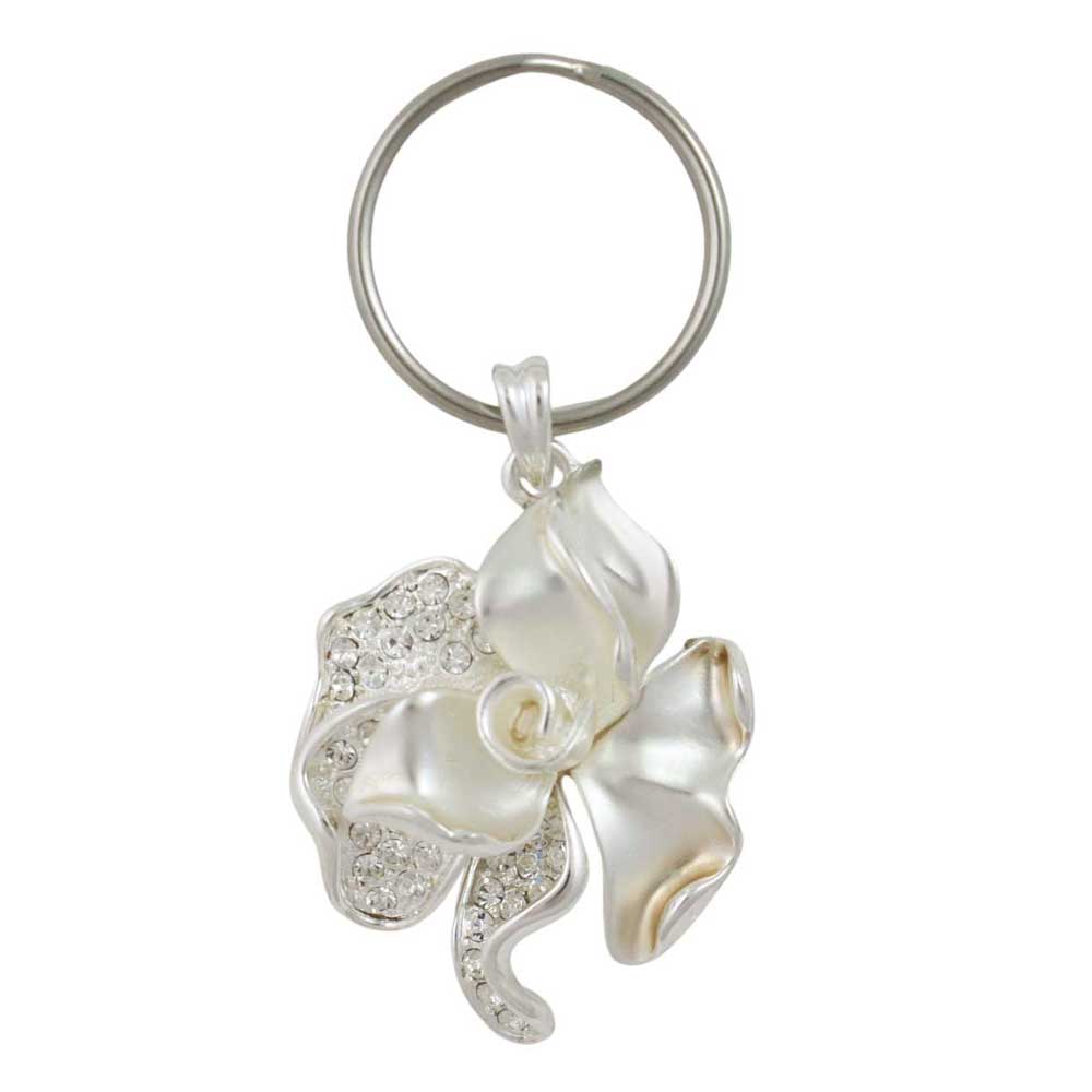 Silver keychain with frosted crystal rose on a white background - Lilylin Designs
