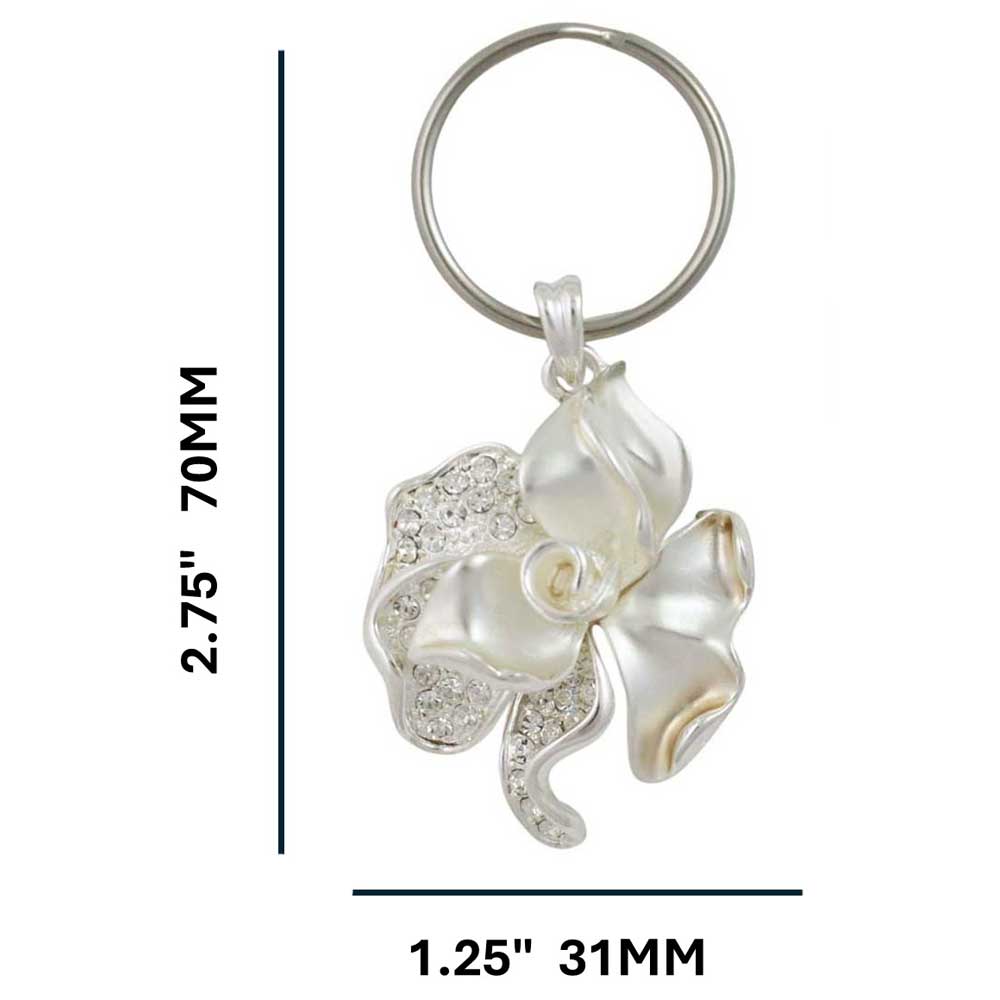 Silver keychain with frosted crystal rose on a white background with measurements - Lilylin Designs