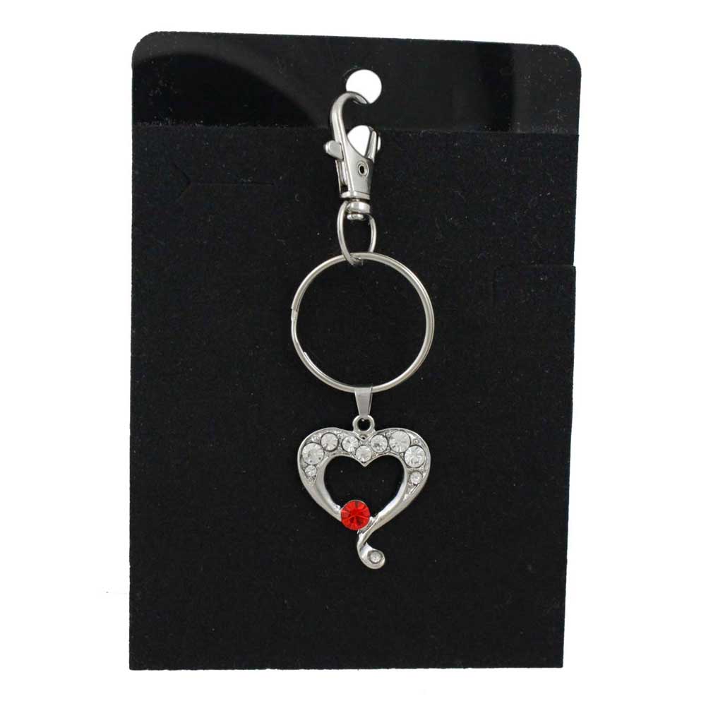 Heart-shaped keychain with a red crystal on a black card - Lilylin Designs