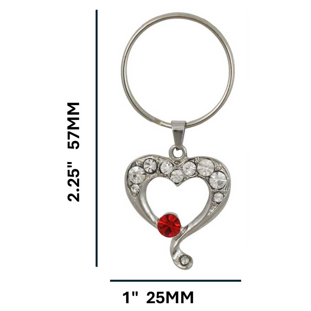 Heart-shaped keychain with red crystal and clear stones on a white background with measurements - Lilylin Designs