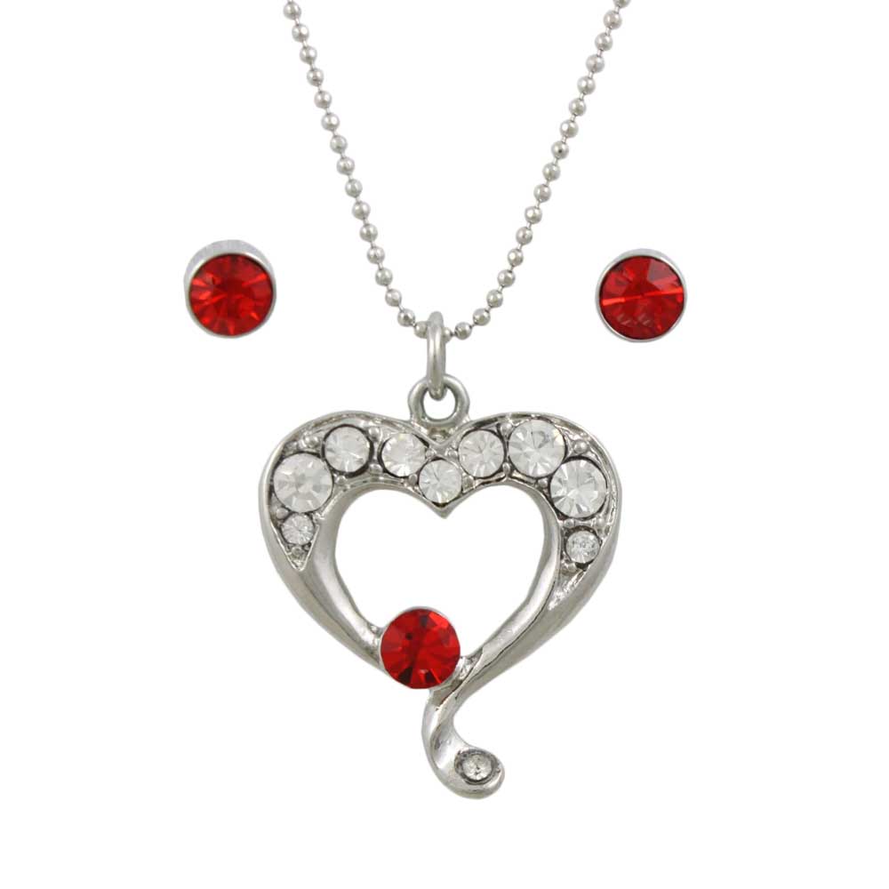 Crystal Heart Necklace with Red Stud Pierced Earring Set - RSN645NE - Lilylin Designs