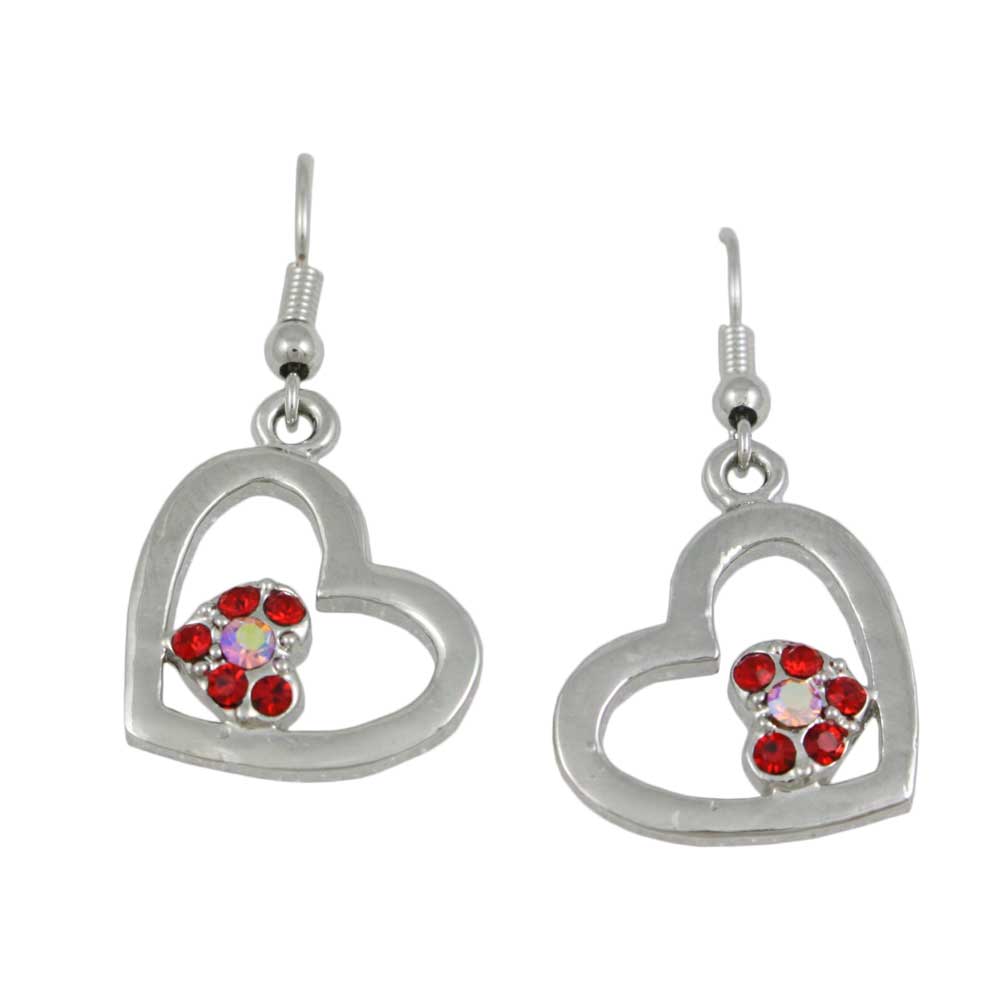 Silver Heart with Red Crystal Heart Dangling Pierced Earring - RSN649E - Lilylin Designs