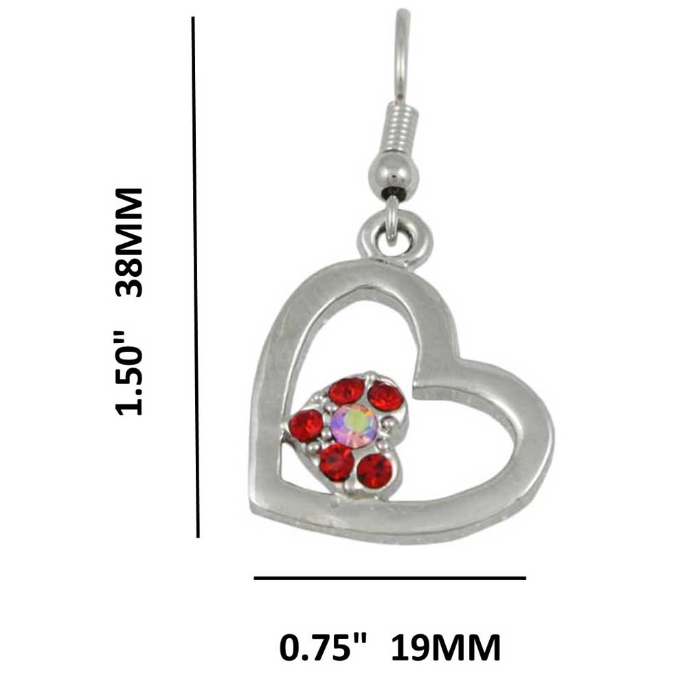 Silver Heart with Red Crystal Heart Dangling Pierced Earring - RSN649E - Lilylin Designs