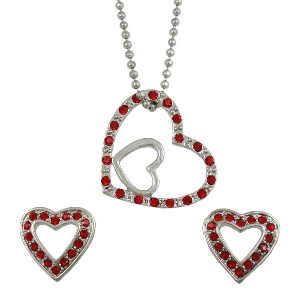 Two Hearts as One Necklace and Heart Earring Set - RSN649BS - Lilylin Designs
