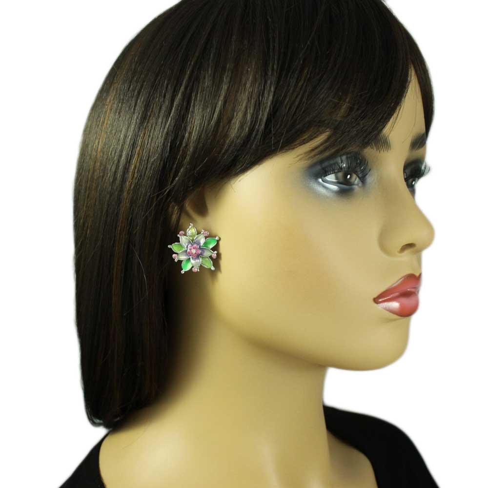 Colorful Enamel and Crystal Flower Clip Earring - RSN690EC - Lilylin Designs