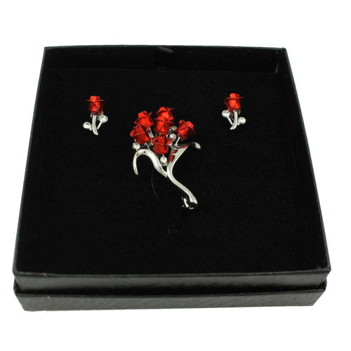 Bouquet of Red Roses Brooch Pin and Rose Earring Set in Gift Box| Lilylin Designs