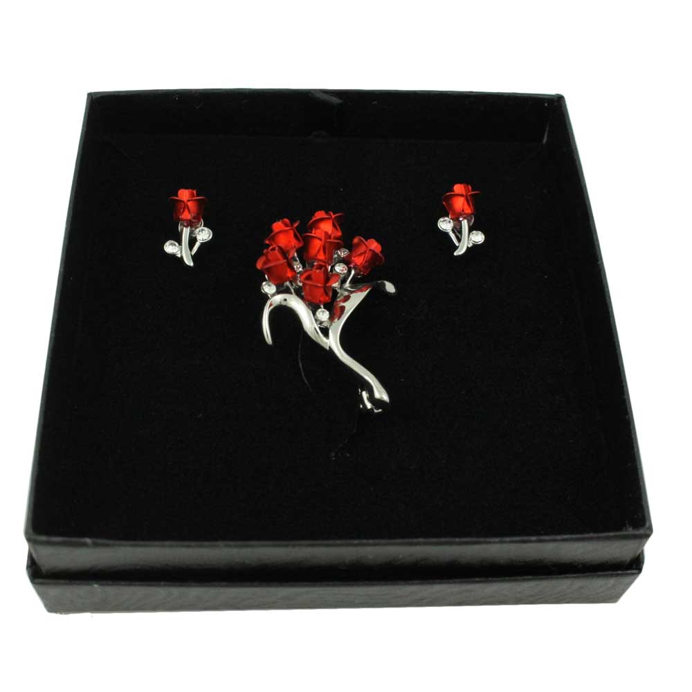 Lilylin Designs Bouquet of Red Roses Brooch Pin and Rose Earring Set