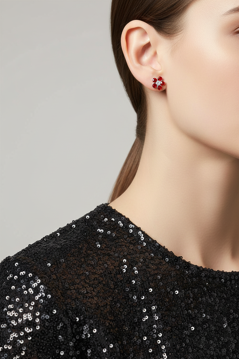 Model wearing red crystal daisy with clear crystal center earring - Lilylin Designs
