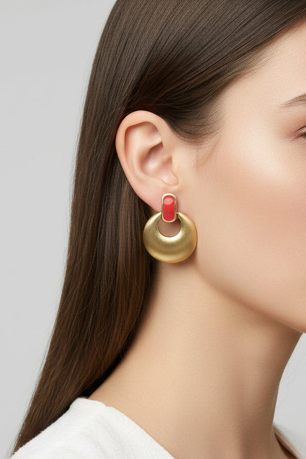Model wearing brushed gold with red enamel doorknocker Clip Earring - Lilylin Designs