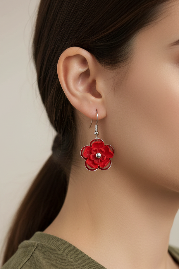 Model wearing red flower dangle earring - Lilylin Designs