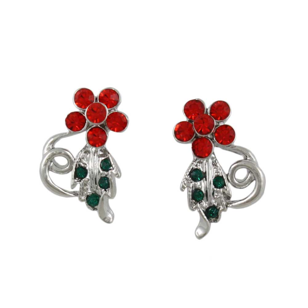 Red Crystal Daisy with Green Leaf Pierced Earring | Lilylin Designs