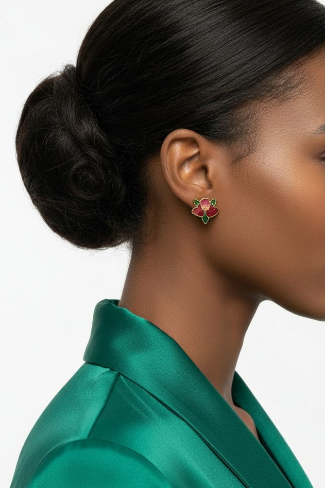 Model wearing red orchid cloisonne stud earring - Lilylin Designs 