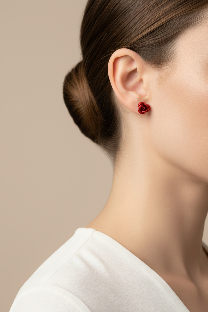 Model wearing red rose stud earring - Lilylin Designs