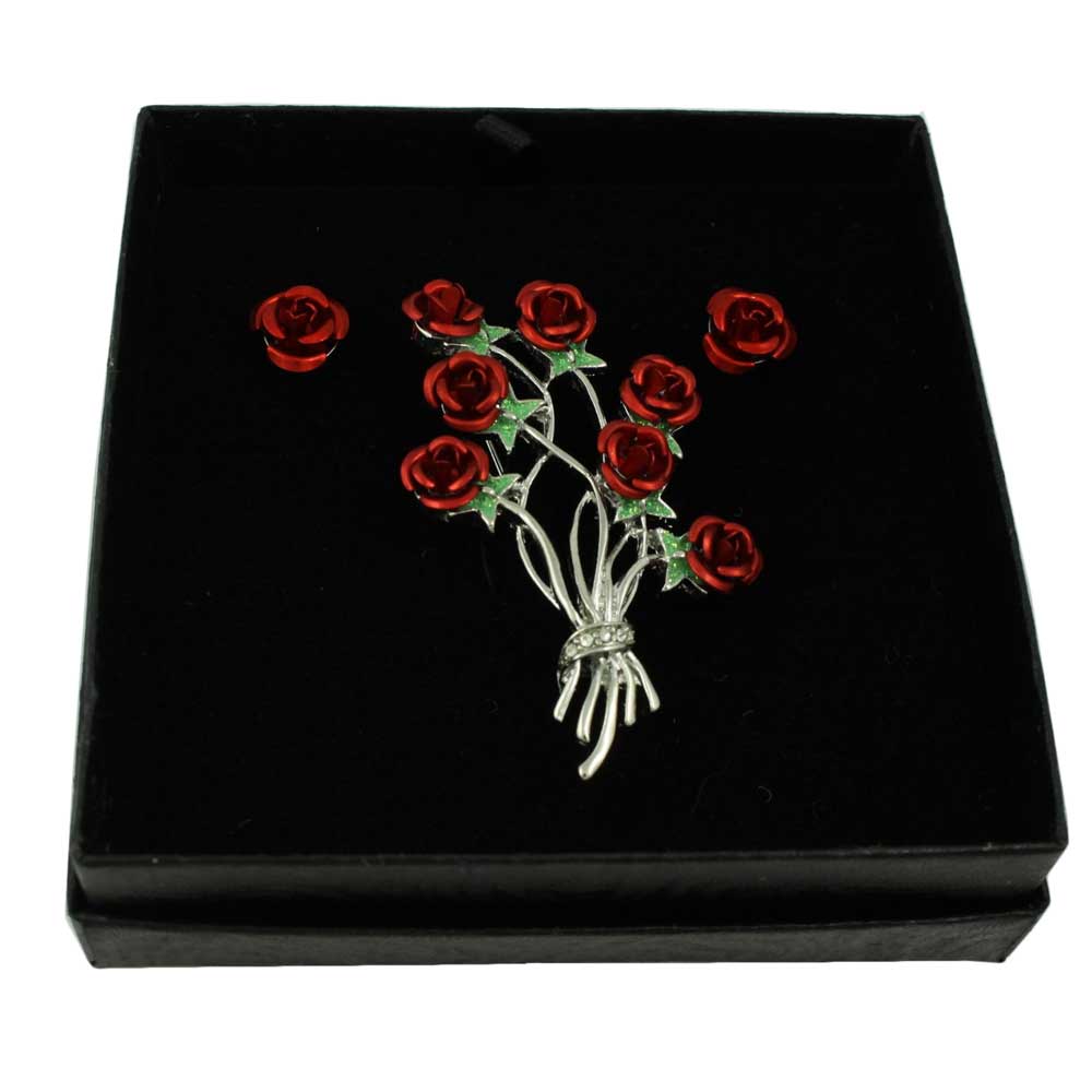 Lilylin Designs Bunch of Red Roses Brooch Pin and Rose Earring Set