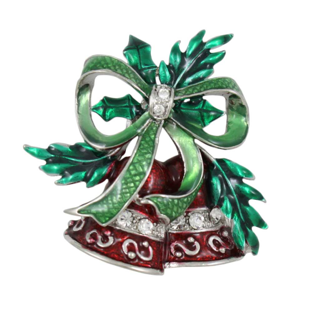 Red Christmas Bells Brooch Pin with Holly and Green Bow - Lilylin Designs